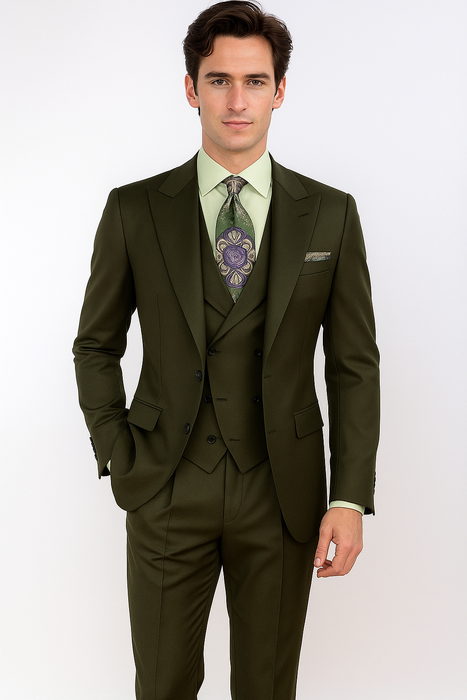 Classic Wool Fabric Fit - Pleated Pants - Peak Lapel With Double Breasted Vest - Athletic Fit Solid Olive Mens Suit