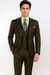 Classic Wool Fabric Fit - Pleated Pants - Peak Lapel With Double Breasted Vest - Athletic Fit Solid Olive Mens Suit