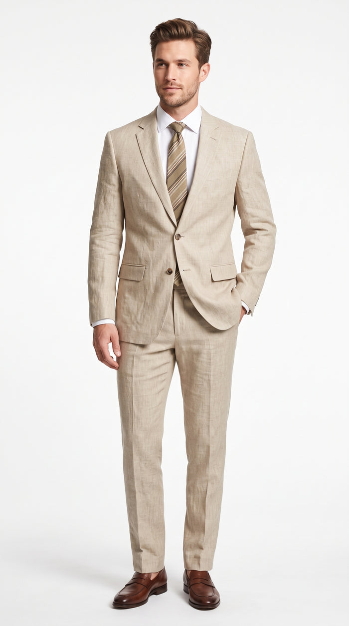 Men’s Beige Linen Suit, Lightweight 2 Button Prom Wedding Summer Suit