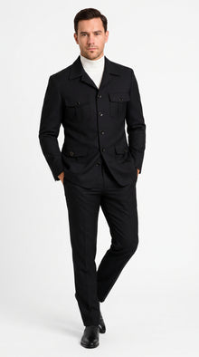 Men’s Black Safari Walking Suit, Utility Jacket and Trousers Casual Dress Set
