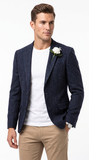 Men’s Navy Herringbone Tweed Blazer – Classic Two Button Sport Coat for Weddings, Business & Smart Casual Wear