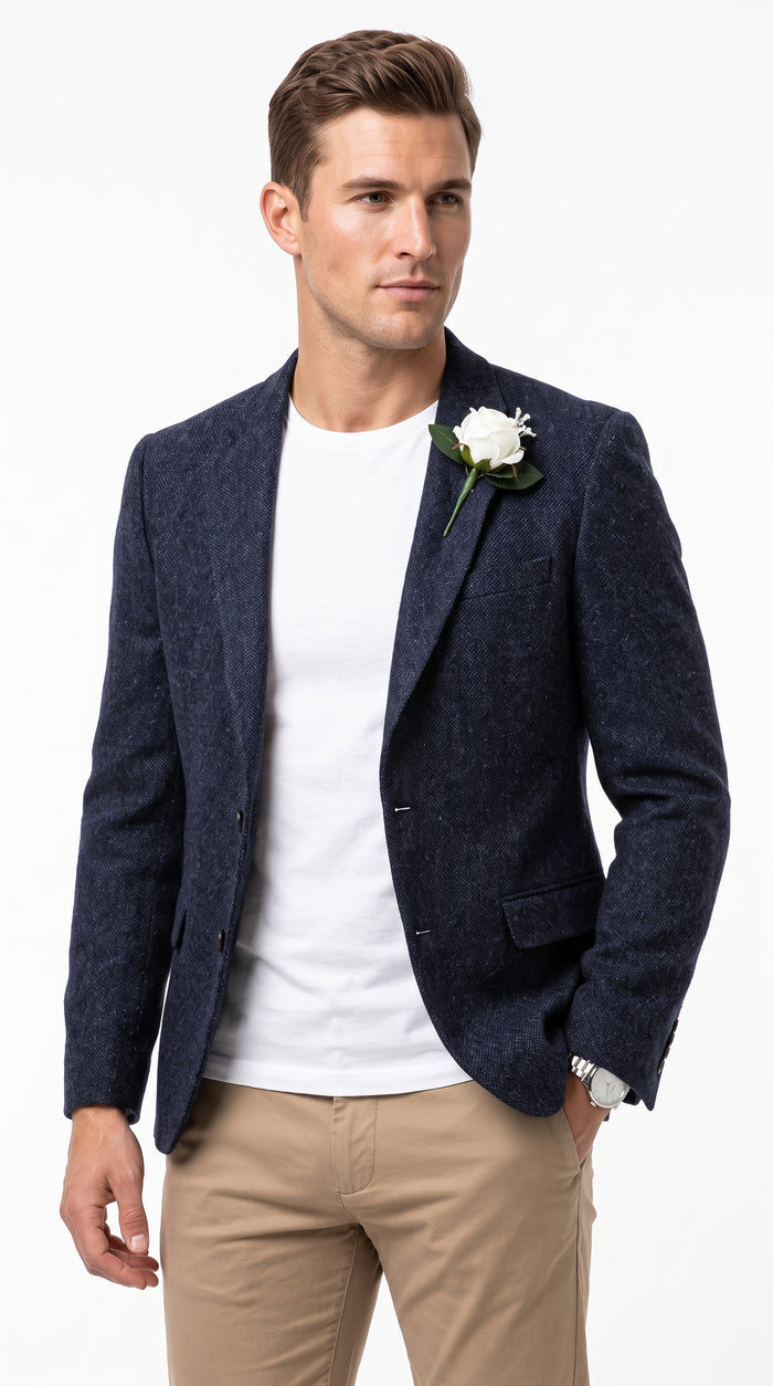 Men’s Navy Herringbone Tweed Blazer – Classic Two Button Sport Coat for Weddings, Business & Smart Casual Wear