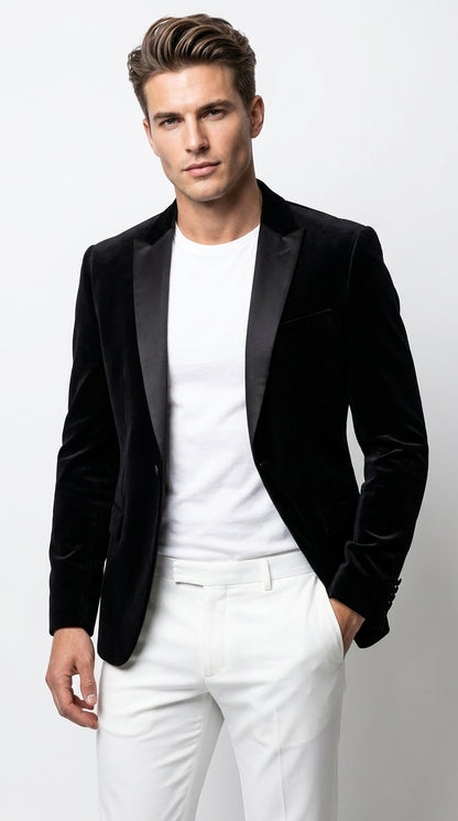 Men’s Black Velvet Blazer – 2 Button Velour Tuxedo Dinner Jacket