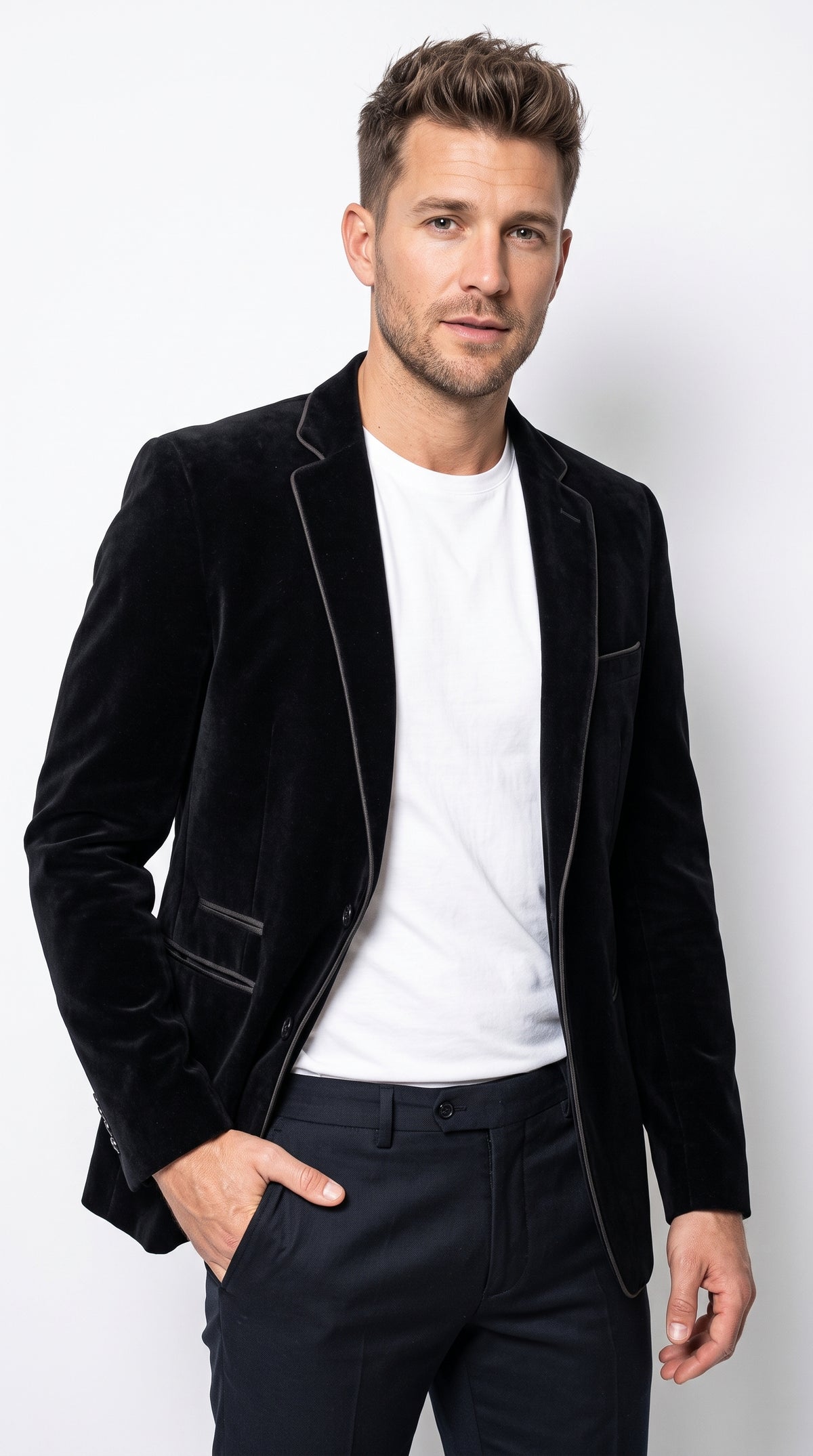 Men's Black Prom Party Blazer – Modern Fit 2-Button Velvet-Style Designer Dinner Jacket with Contrast Piping