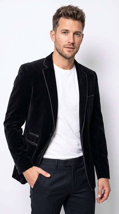 Men's Black Prom Party Blazer – Modern Fit 2-Button Velvet-Style Designer Dinner Jacket with Contrast Piping