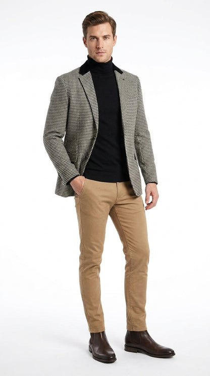 Men’s White and Black Houndstooth Checkered Blazer, Dress Casual Sport Coat Jacket