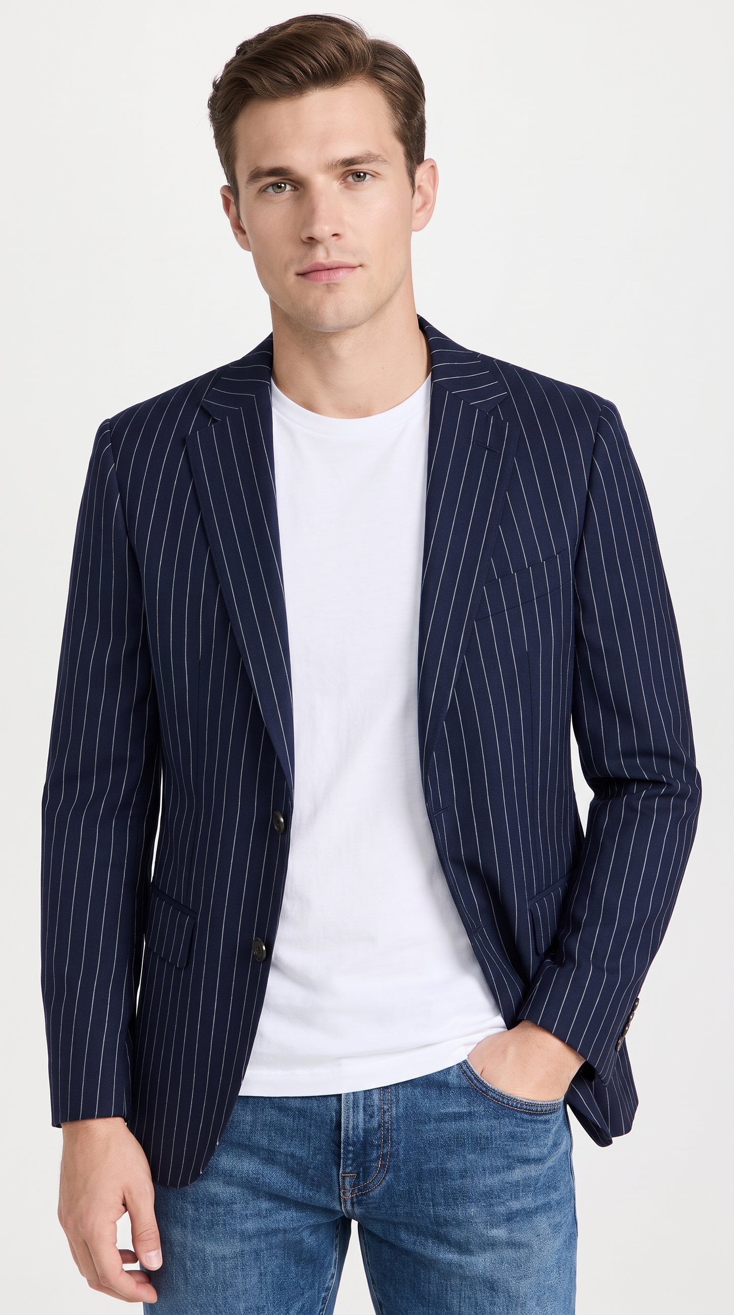 Men’s Navy Blue Chalk Pinstripe Blazer Sport Coat – 1920s Gangster Style Dress Jacket