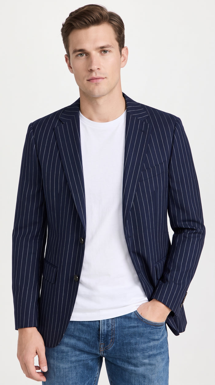 Men’s Navy Blue Chalk Pinstripe Blazer Sport Coat – 1920s Gangster Style Dress Jacket
