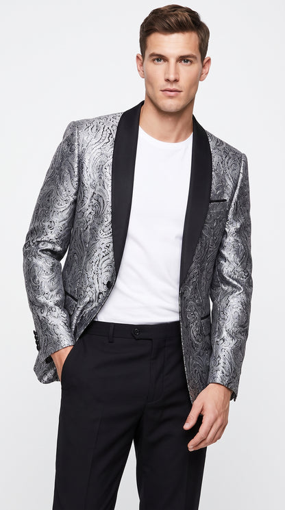 Alberto Nardoni Men's Silver Gray & Black Paisley Sequin Tuxedo Suit with Black Satin Shawl Lapel