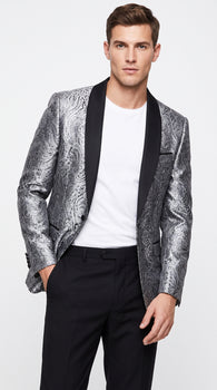 Alberto Nardoni Men’s Silver Gray and Black Paisley Sequin Tuxedo Blazer with Black Lapel