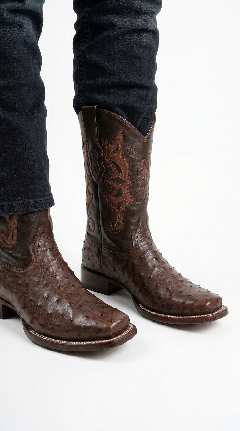 Men’s Brown Square Toe Ostrich Boots, Exotic Western Cowboy Dress Boots