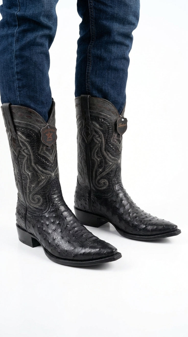 Los Altos Men’s Black Ostrich Pointed Toe Cowboy Boots, 1.5 Inch Walking Heel Botas De Avestruz