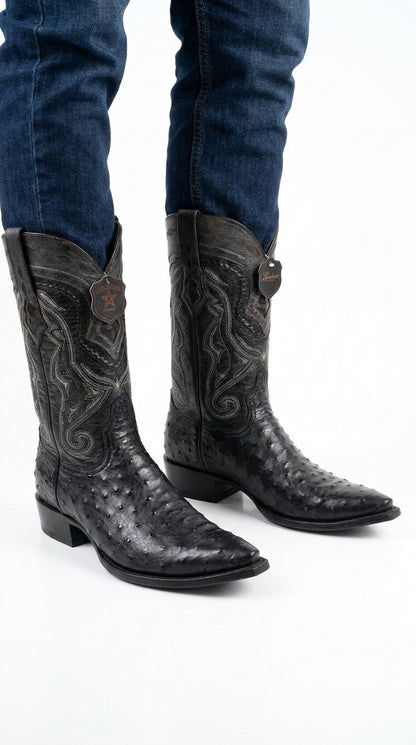 Los Altos Men’s Black Ostrich Pointed Toe Cowboy Boots, 1.5 Inch Walking Heel Botas De Avestruz