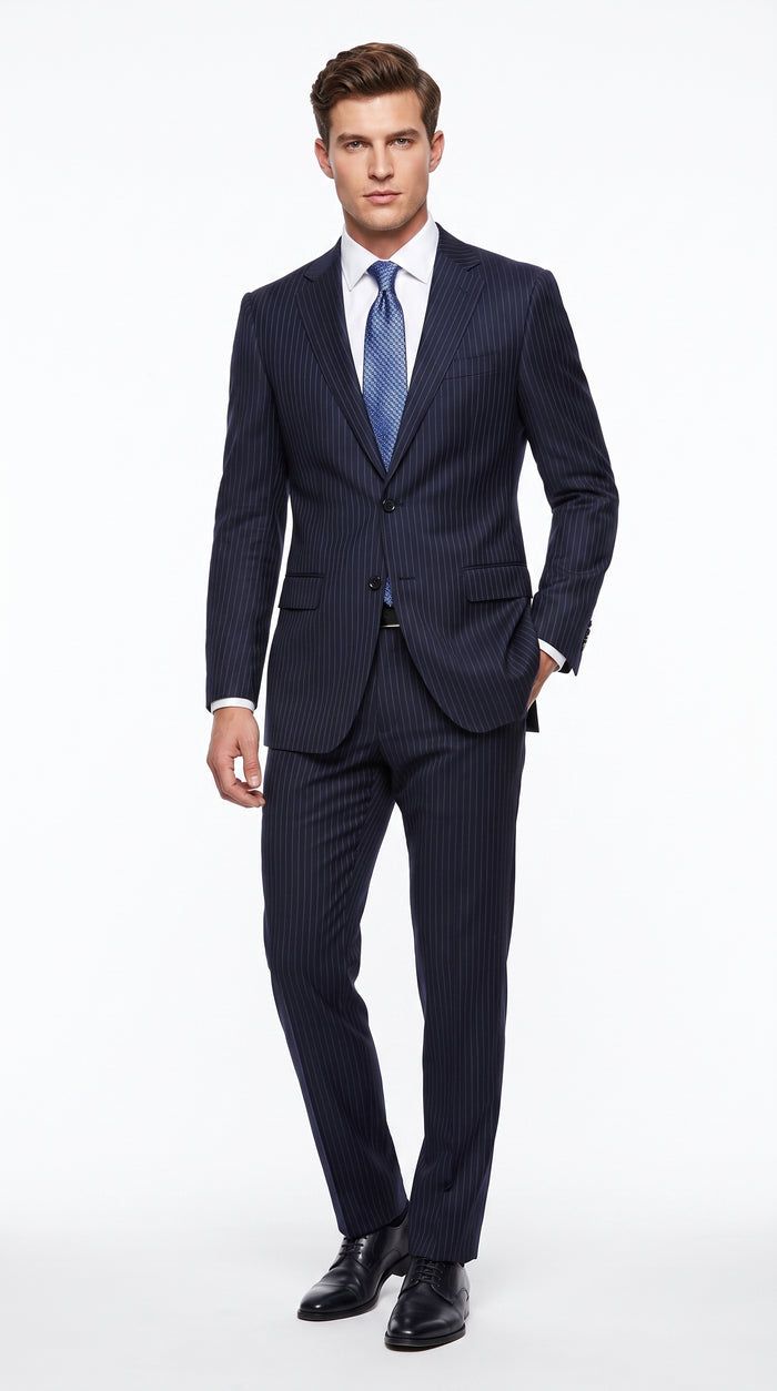 Men’s Dark Navy Pinstripe 2 Button Suit, Side Vent Back Formal Business Dress Suit
