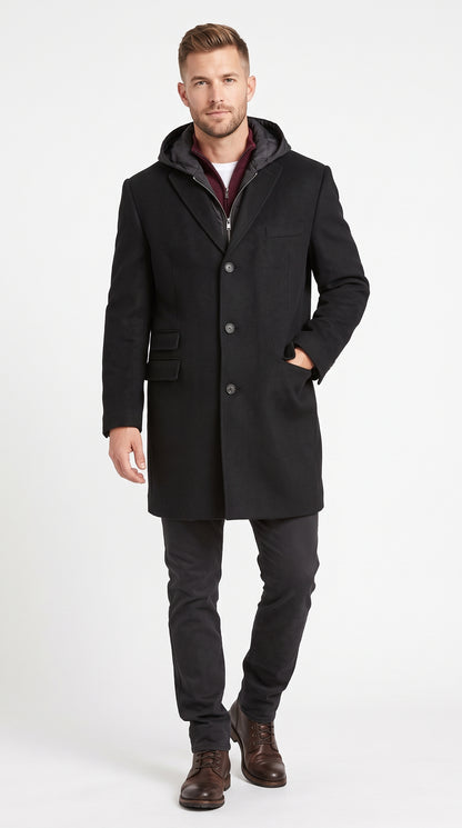 Men’s Black Hooded Overcoat, Formal Topcoat with Removable Hoodie Style
