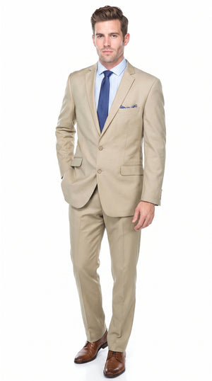 Renoi Designer 203-11 Men’s Light Tan 2 Piece Suit, Single Breasted Notch Lapel Formal Dress Suit