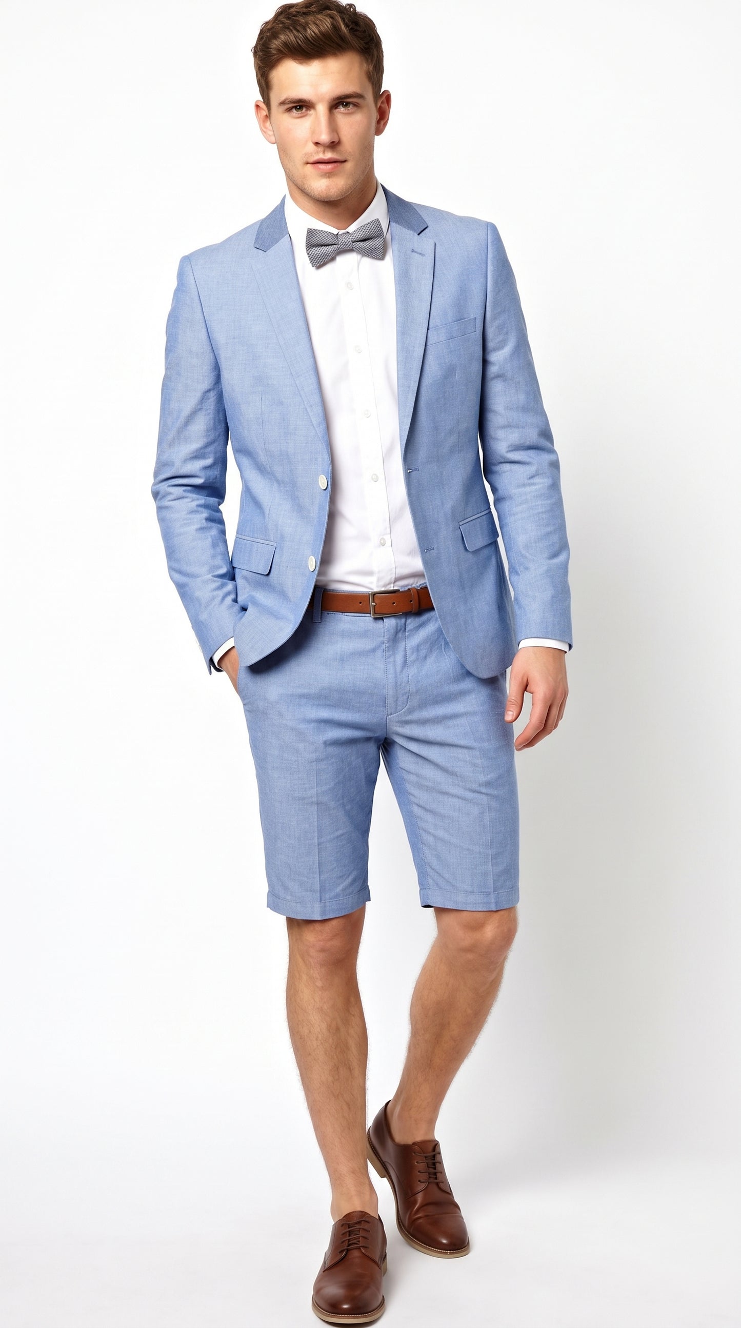Men’s Light Blue Short Pants Suit Set, 2 Button Summer Wedding Prom Outfit