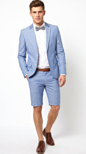 Men’s Light Blue Short Pants Suit Set, 2 Button Summer Wedding Prom Outfit