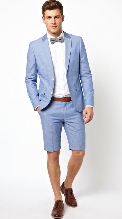 Men’s Light Blue Short Pants Suit Set, 2 Button Summer Wedding Prom Outfit