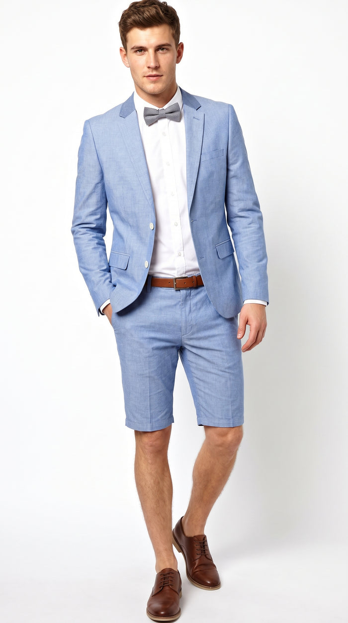 Men’s Light Blue Short Pants Suit Set, 2 Button Summer Wedding Prom Outfit