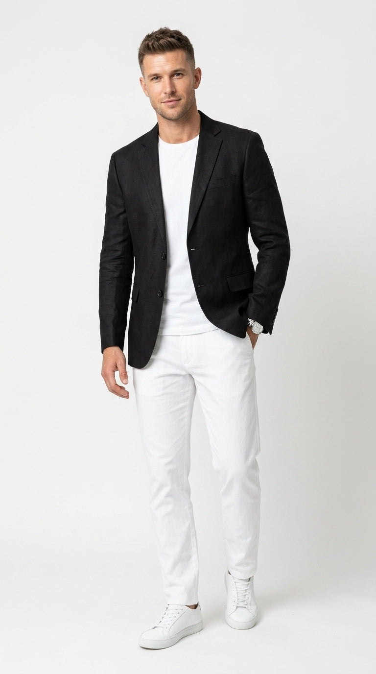 Men’s Black Lightweight Linen Blazer, Summer Business Casual Wedding Sport Coat Jacket