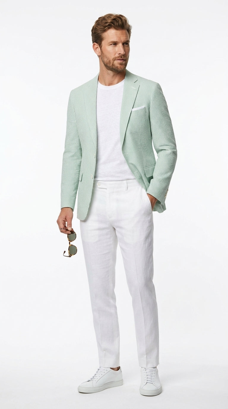 Men’s Green Seersucker Blazer, Lightweight Summer Wedding Business Casual Sport Coat Jacket