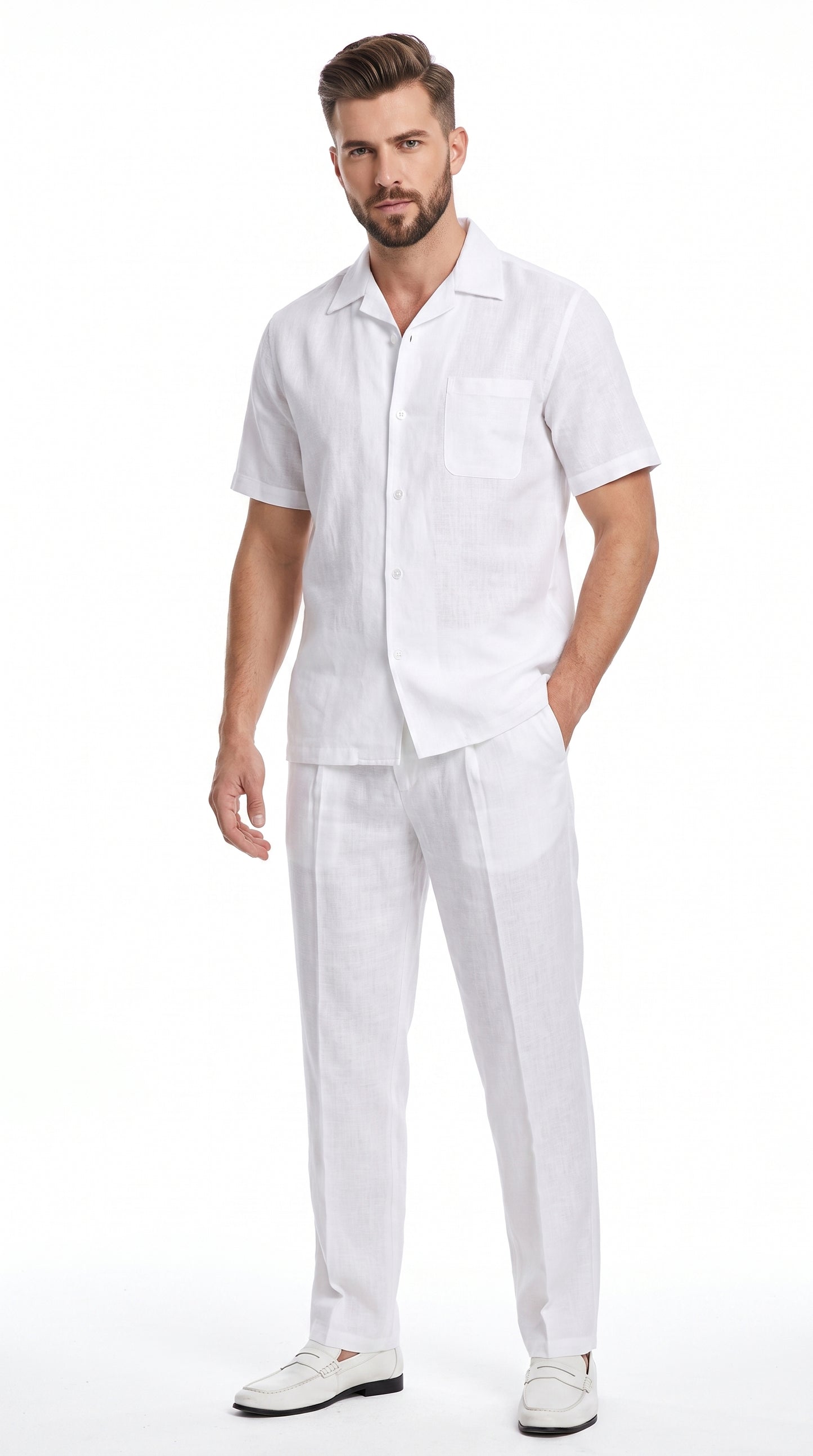 Men’s White 100% Linen Walking Suit, Short Sleeve Shirt and Pleated Pants Casual Two Piece Set