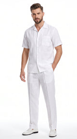 Men’s White 100% Linen Walking Suit, Short Sleeve Shirt and Pleated Pants Casual Two Piece Set