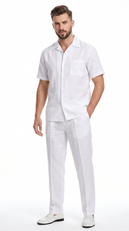 Men’s White 100% Linen Walking Suit, Short Sleeve Shirt and Pleated Pants Casual Two Piece Set