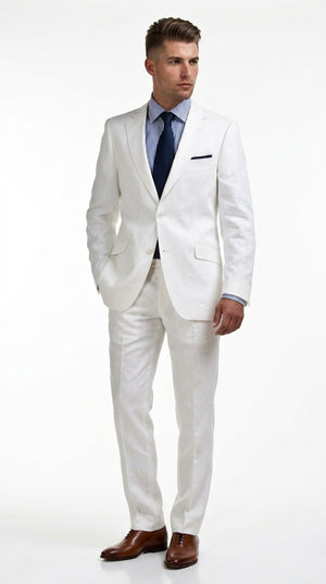 Men’s White Lightweight Linen 2 Button Suit, Formal Wedding Beach Summer Suit Set