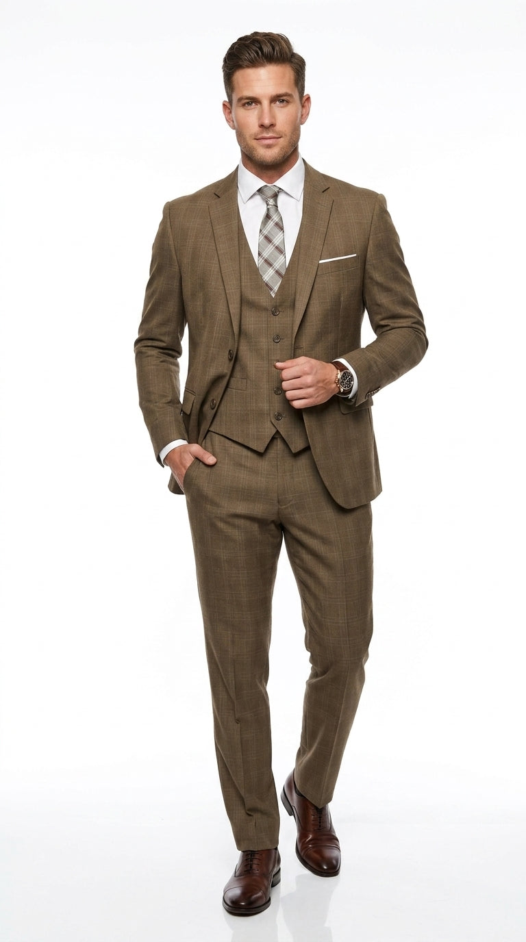 Men’s Taupe Tan Coffee Windowpane Plaid 3 Piece Suit, Two Button Vested Wedding Business Suit Set