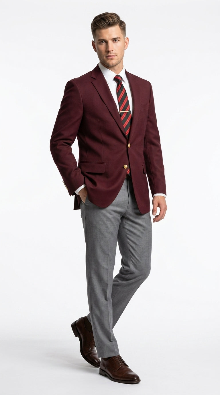 Men’s Burgundy Maroon Wine 2 Button Blazer, Classic Business Casual Wedding Sport Coat Jacket