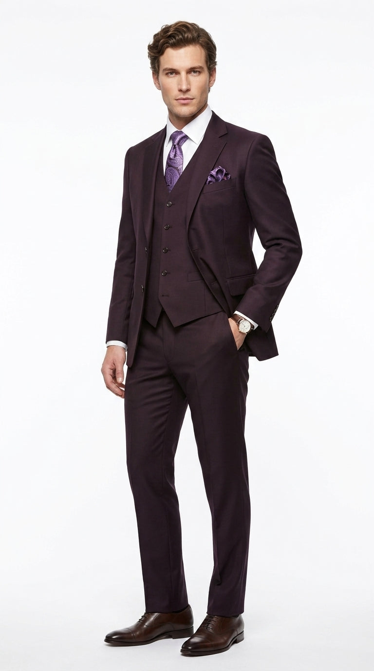 Men’s Very Dark Purple Plum Eggplant 3 Piece Suit, Classic Vested 2 Button Wedding Business Suit Set