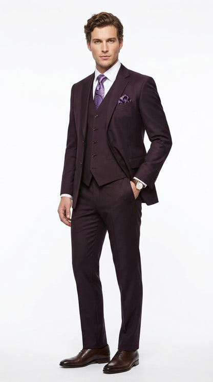 Men’s Very Dark Purple Plum Eggplant 3 Piece Suit, Classic Vested 2 Button Wedding Business Suit Set