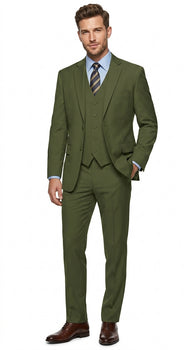 Men’s Olive Vested Suit, Classic Fit 3 Piece Flat Front Formal Wedding Business Suit Set