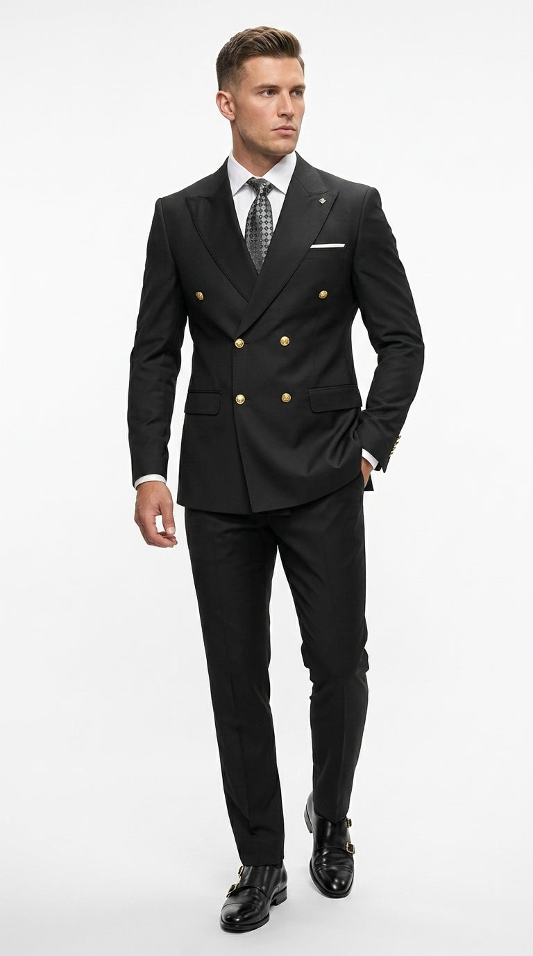 Men’s Black Double Breasted Wool Suit with Gold Buttons, Designer Formal Wedding Business Suit Set Modern Fit