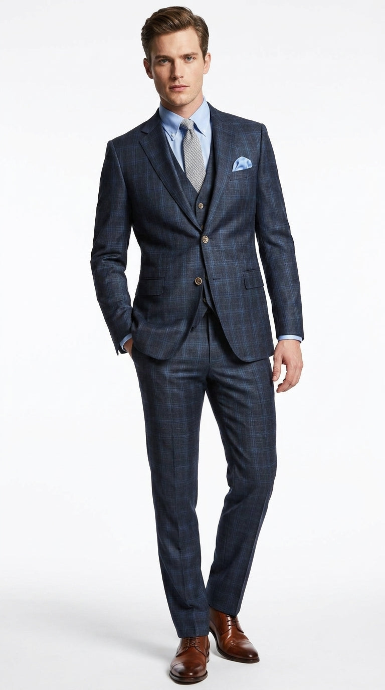 Men’s Charcoal Grey and Blue Plaid 3 Piece Vested Suit, Formal Wedding Business Dress Suit Set