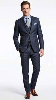 Men’s Charcoal Grey and Blue Plaid 3 Piece Vested Suit, Formal Wedding Business Dress Suit Set
