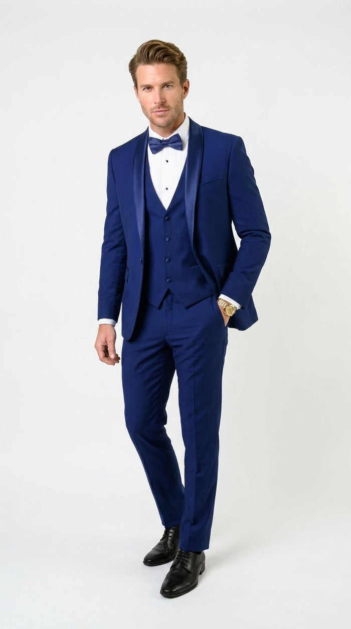 Men’s Bright Sapphire Blue 1 Button Shawl Lapel Vested Tuxedo, Formal Wedding Prom Dinner Suit Set