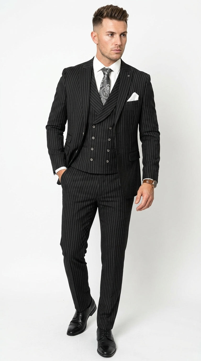 Mens Italian Wool Suit Color Black - Men's Designer Wool Pleated Pant Vested Black Gangster Pinstripe Suit