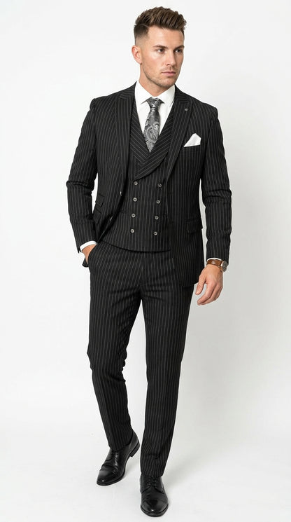 Mens Italian Wool Suit Color Black - Men's Designer Wool Pleated Pant Vested Black Gangster Pinstripe Suit