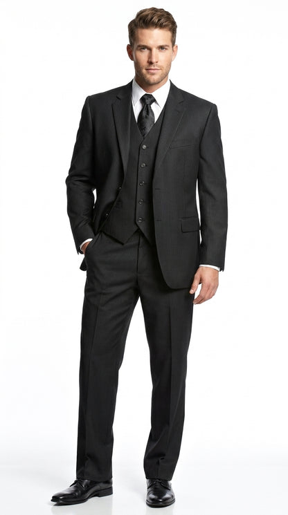 Men’s Black Shadow Stripe 3 Piece Suit, Tone on Tone Pinstripe Italian Design Formal Suit