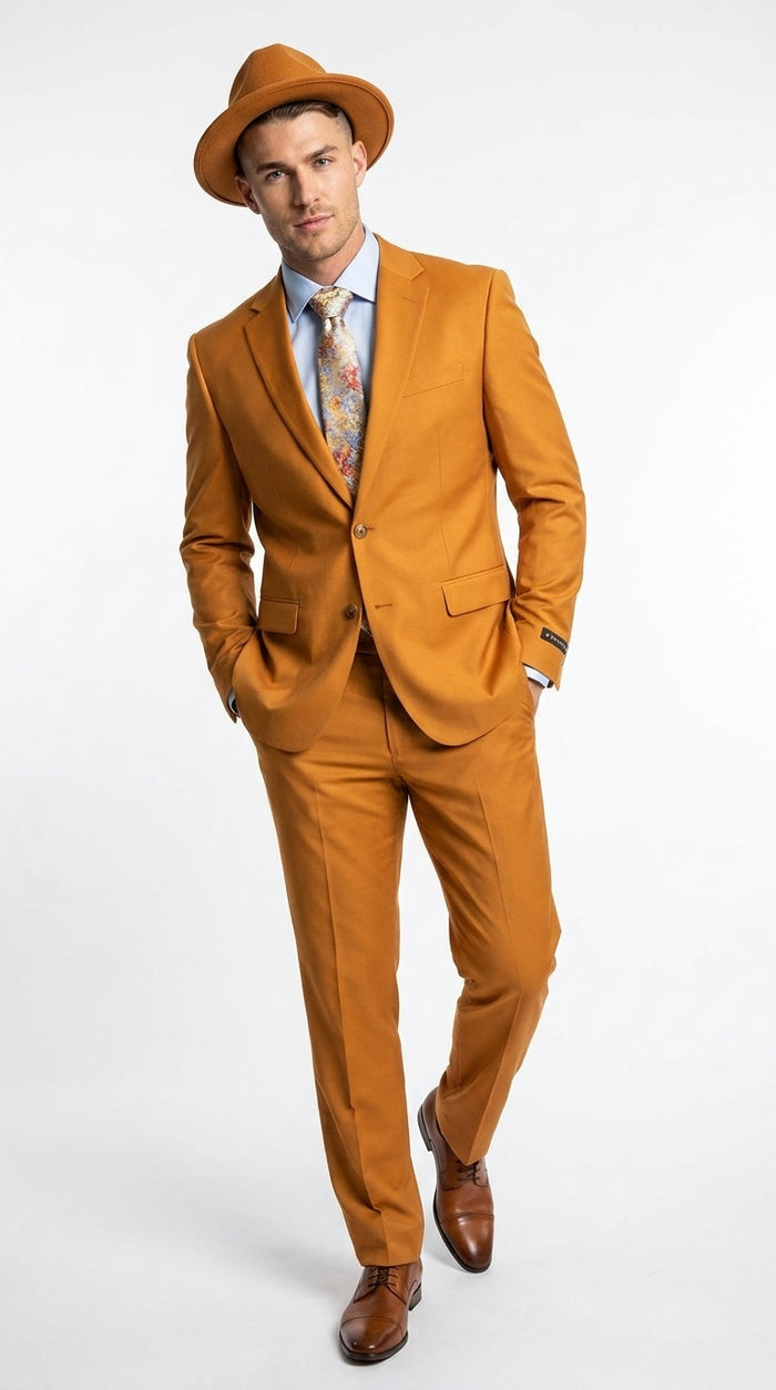 Men’s Light Rust Copper 2 Button Modern Fit Suit, Fall Color Church Dress Suit