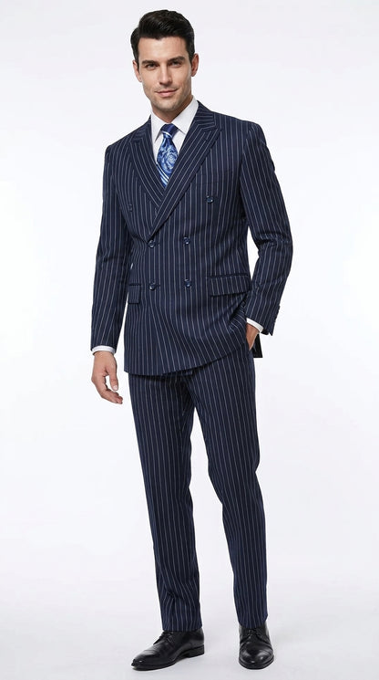Men’s Navy Blue Double Breasted Gangster Pinstripe Suit, 1920s Formal Dress Suit