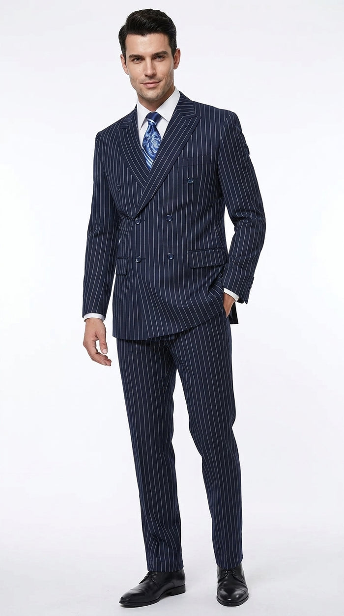 Men’s Navy Blue Double Breasted Gangster Pinstripe Suit, 1920s Formal Dress Suit