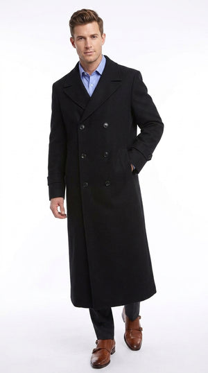 Men’s Black Diamond Solid Black Wool Double Breasted Gabardine Trench Coat