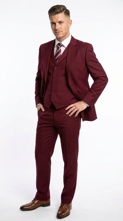Men’s Burgundy Wine Maroon 3 Piece Vested Suit, Peak Lapel Formal Wedding Church Dress Suit Set