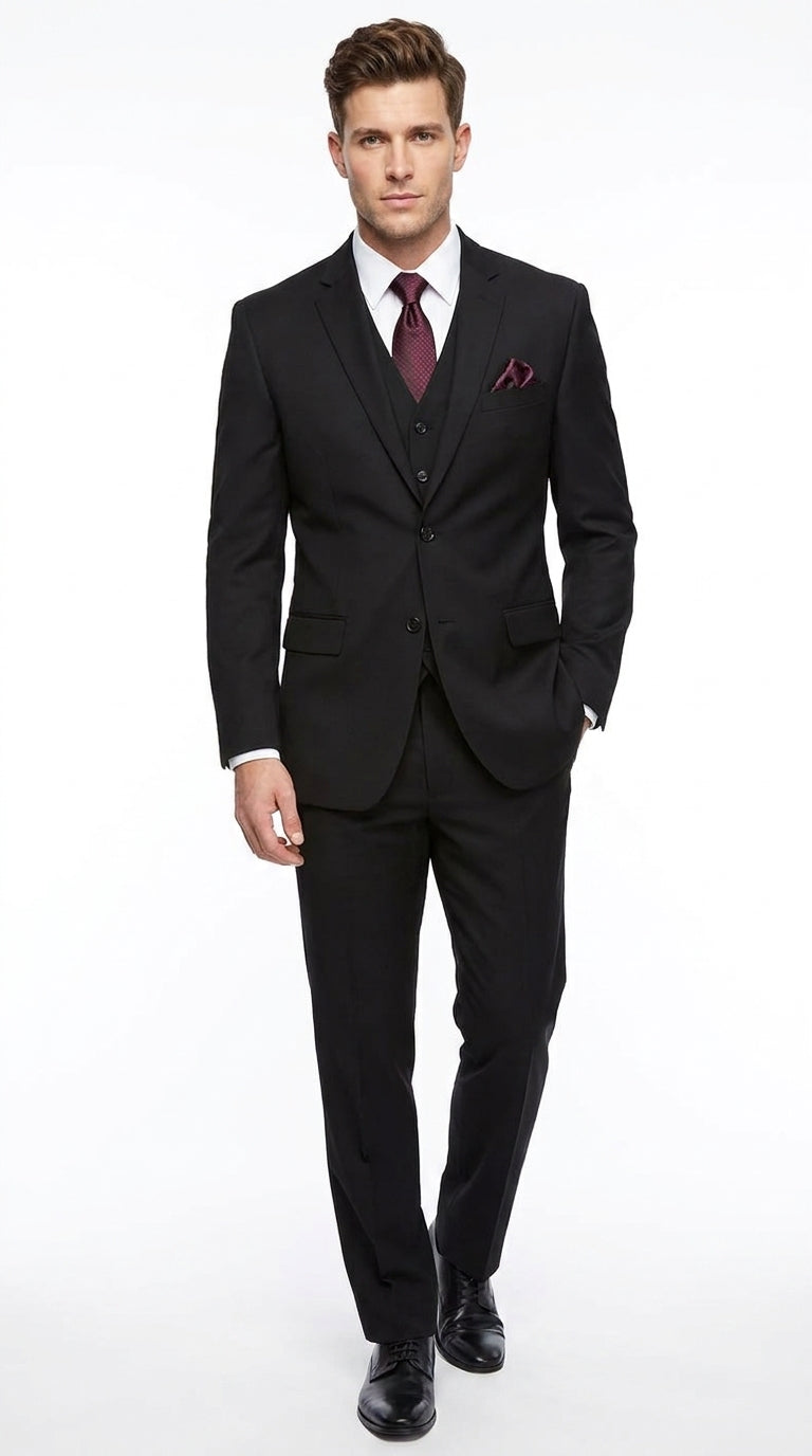 Men’s Black 3 Piece Wool Suit, Super 150’s Italian Fabric Business Wedding Formal Suit