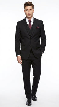 Men’s Black 3 Piece Wool Suit, Super 150’s Italian Fabric Business Wedding Formal Suit