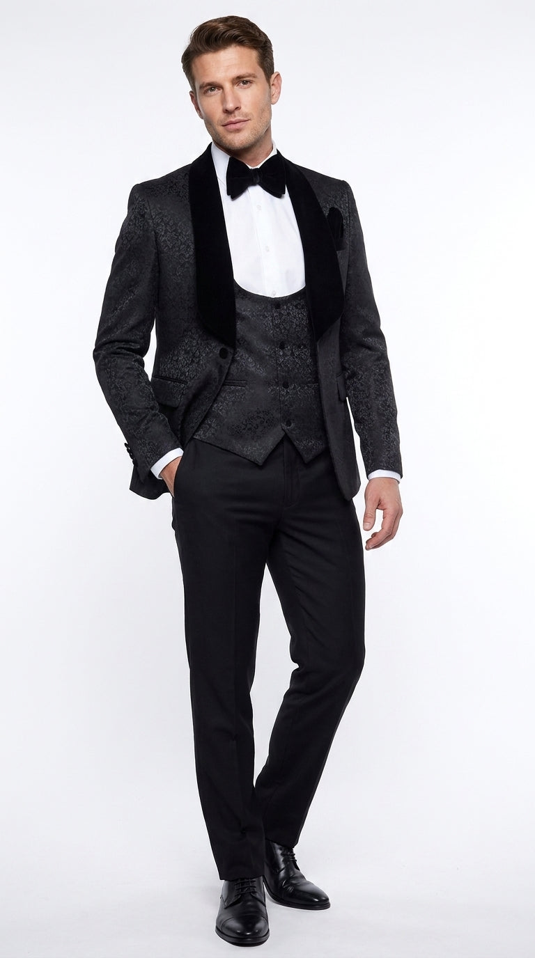 Rossi Man Men’s Black 3-Piece Tuxedo - Floral Jacquard Shawl Lapel Wedding and Prom Suit